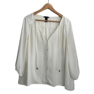 H&M White Cream Chiffon Like V Neck Button Down Tassles Gold Blouse Size 14